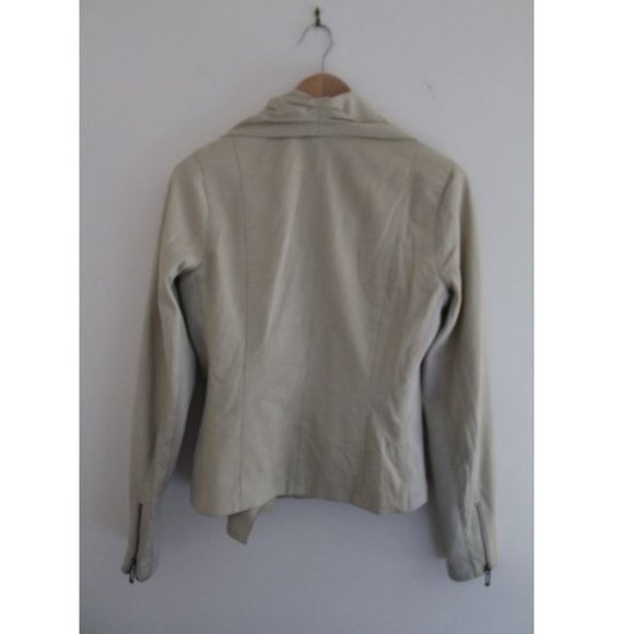 Vince Drape Front Leather Jacket Ivory/ Bone Moto Size Medium Wool Trim - Picture 4 of 14